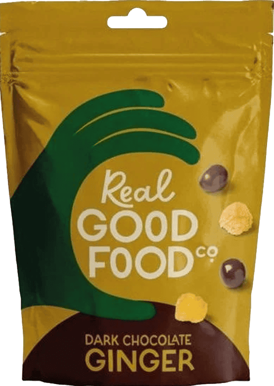 Wholesale Real Good Food Dark Chocolate Ginger Pouch 150g from Harrisons Direct