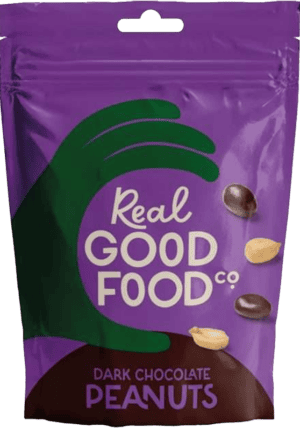 Wholesale Real Good Food Dark Chocolate Peanuts Pouch 150g from Harrisons Direct
