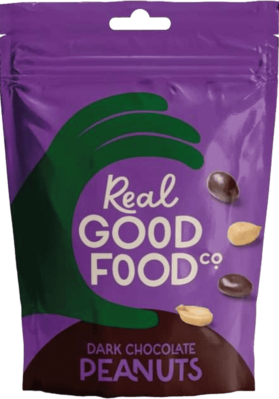 Wholesale Real Good Food Dark Chocolate Peanuts Pouch 150g from Harrisons Direct