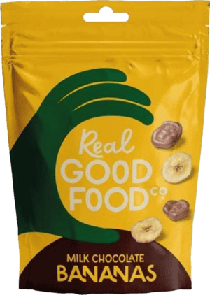 Wholesale Real Good Food Milk Chocolate Bananas Pouch 150g from Harrisons Direct