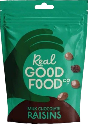 Wholesale Real Good Food Milk Chocolate Raisins Pouch 150g from Harrisons Direct
