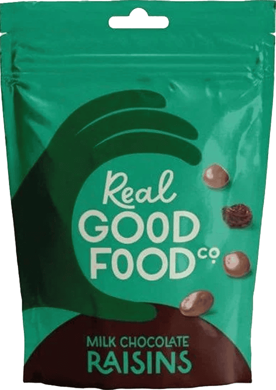 Wholesale Real Good Food Milk Chocolate Raisins Pouch 150g from Harrisons Direct