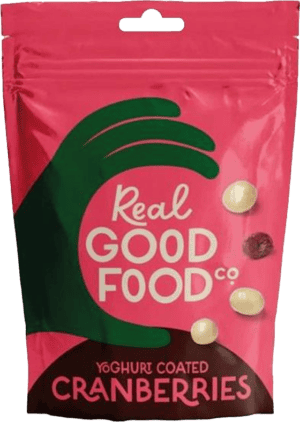 Wholesale Real Good Food Yoghurt Coated Cranberries Pouch 150g from Harrisons Direct