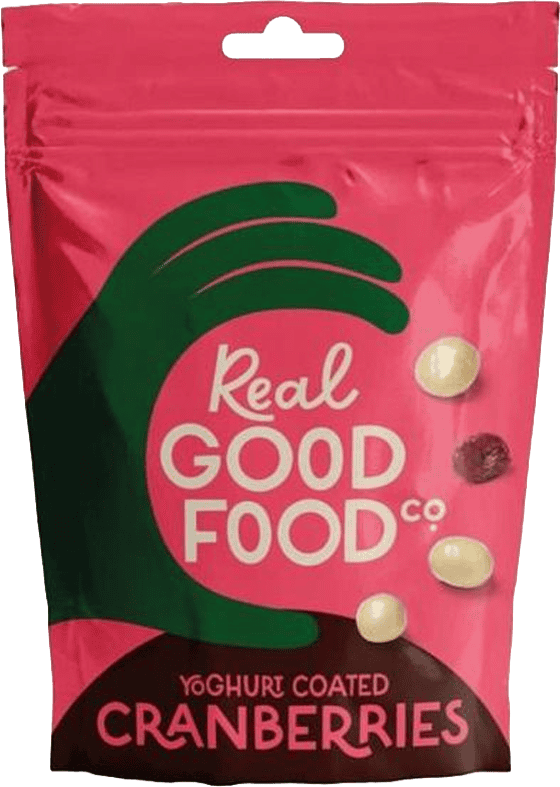 Wholesale Real Good Food Yoghurt Coated Cranberries Pouch 150g from Harrisons Direct